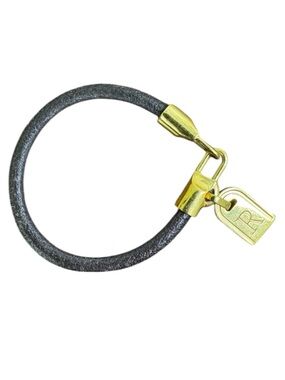 Bronze Milor Italy Bracelet Black Leather Cuff with Gold Initial R Charm Size 7